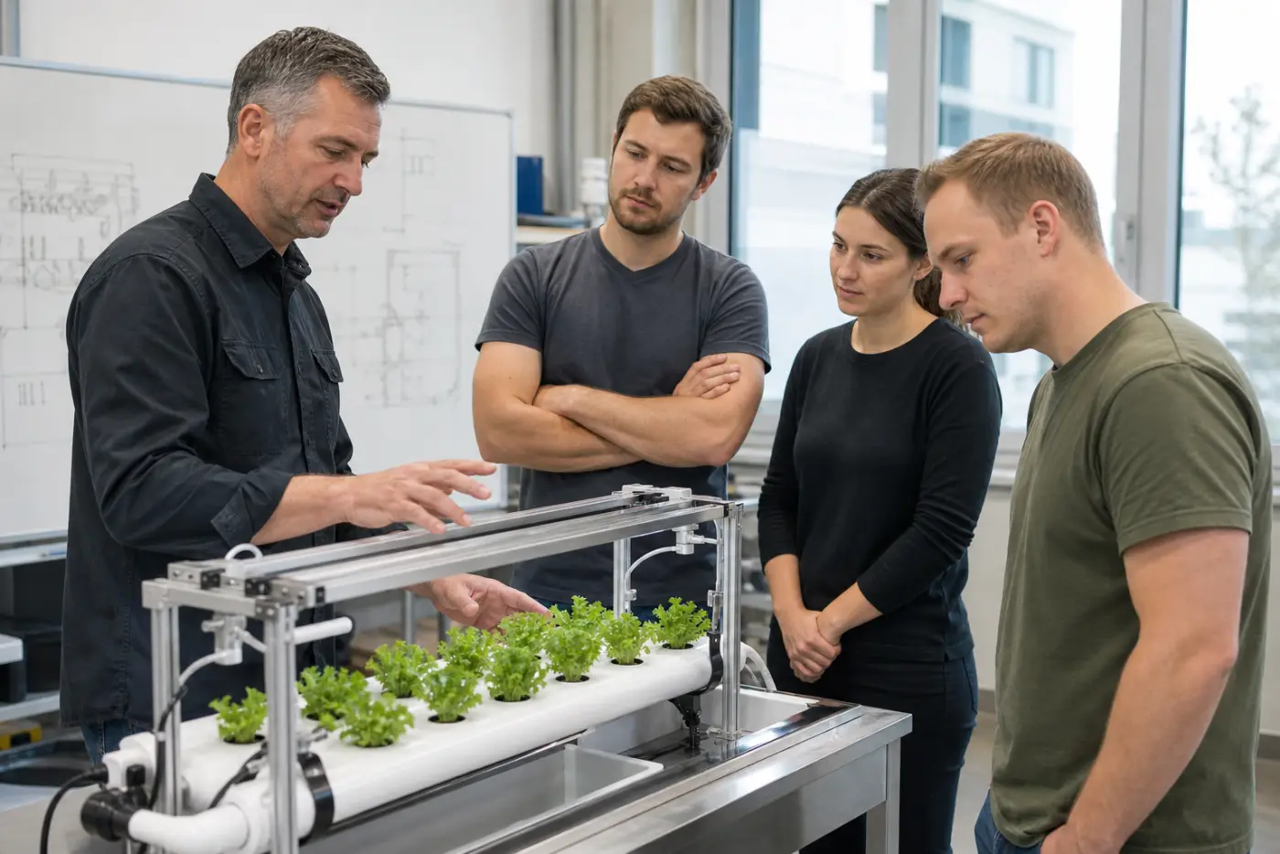 Ingenieur erklärt einer Kleingruppe ein NFT-Hydroponik-Modul in einem Stuttgarter Schulungslabor