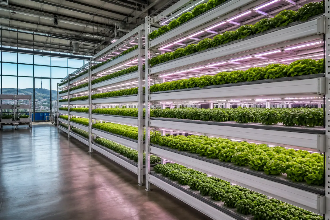Indoor-Vertical-Farm mit Salat-Ebenen und LED-Beleuchtung in Stuttgart im Probebetrieb