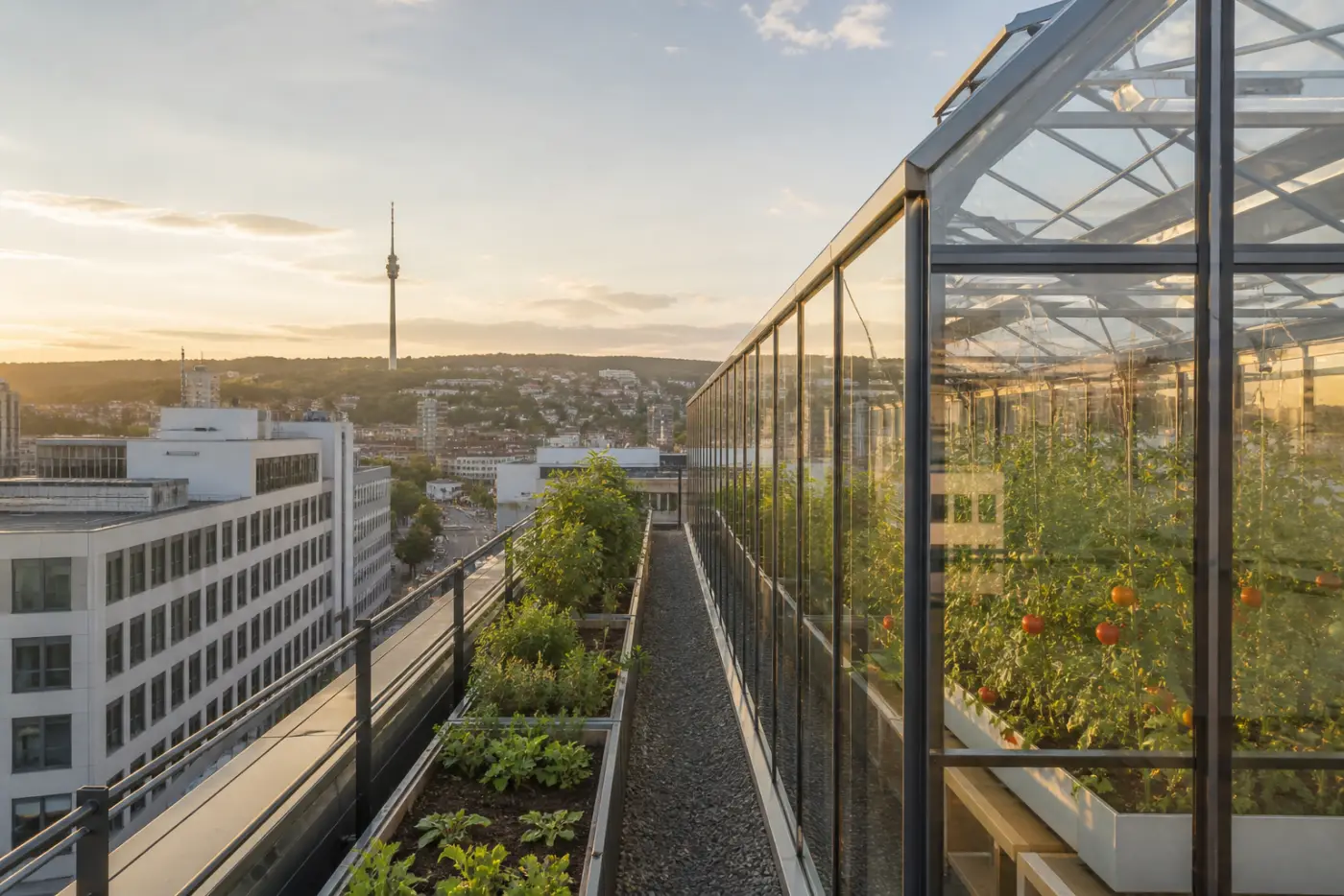 Dachgewächshaus über Stuttgart als Treffpunkt für Erstgespräche zu urbaner Hydroponik