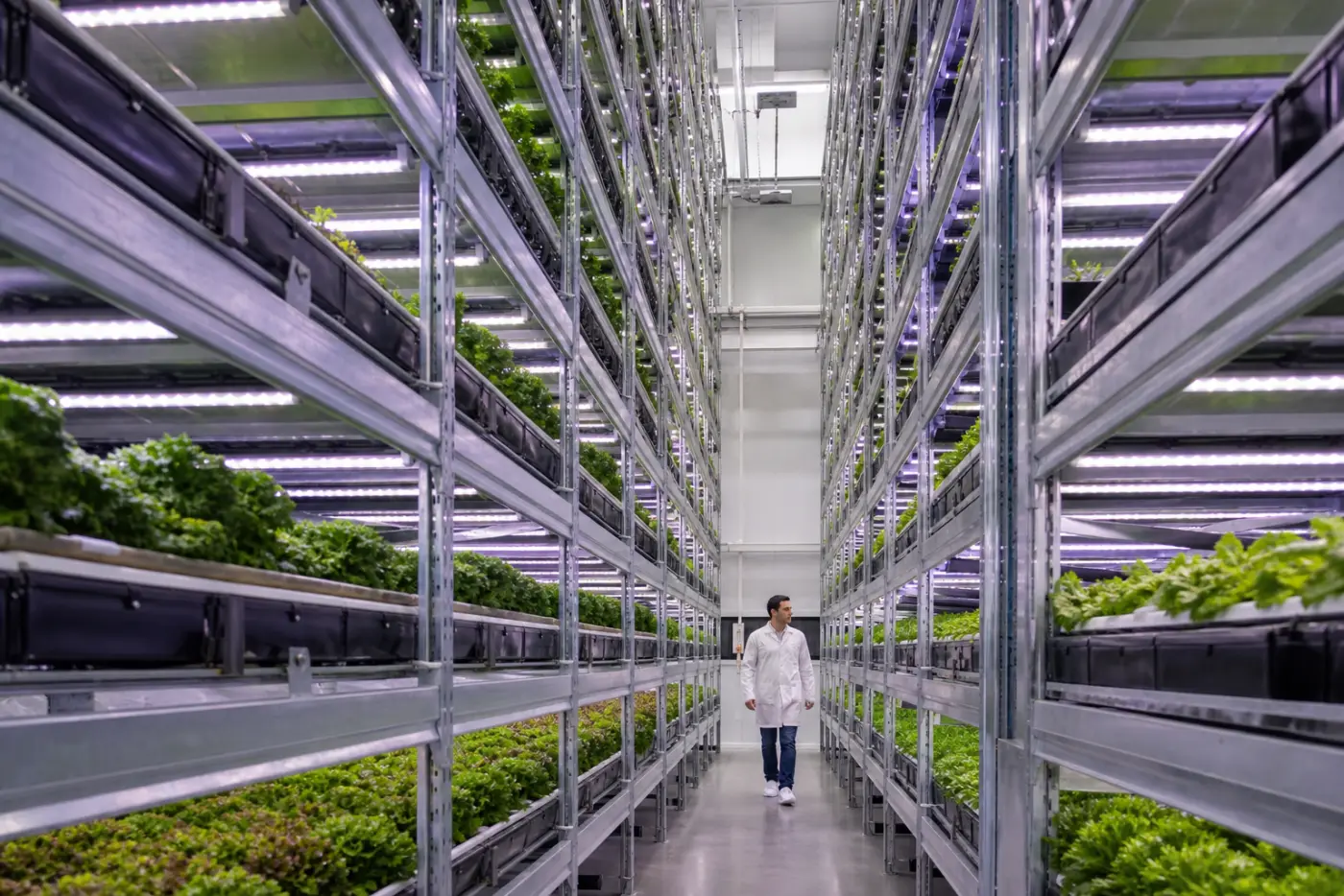 Mehrstöckiges Vertical-Farming-Regalsystem mit LED-Etagen und Technikgang in Stuttgart
